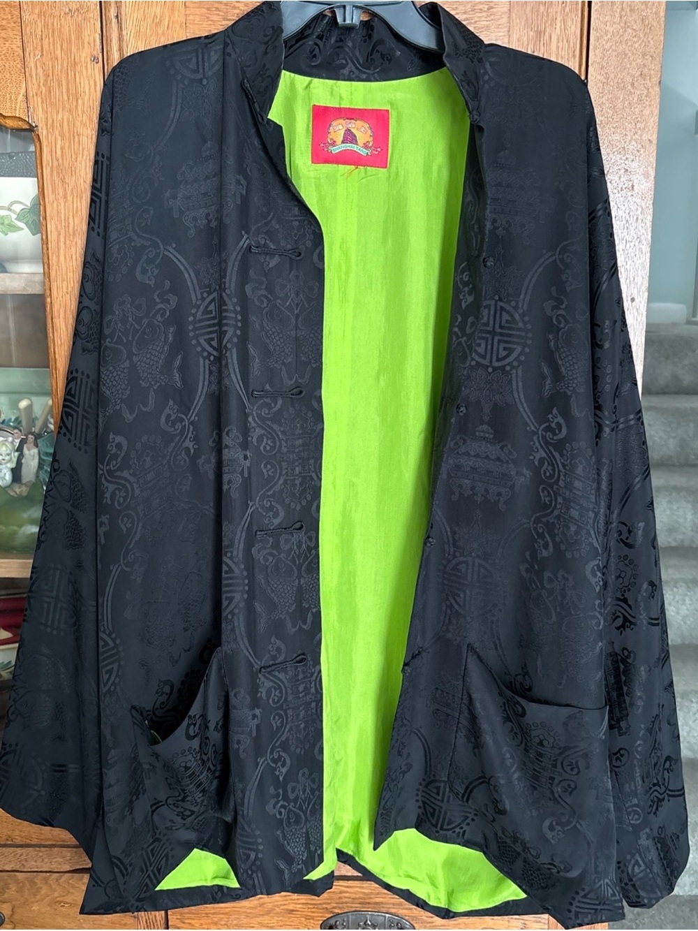 Shanghai Tang Black Satin Cape with Lime Green Lining